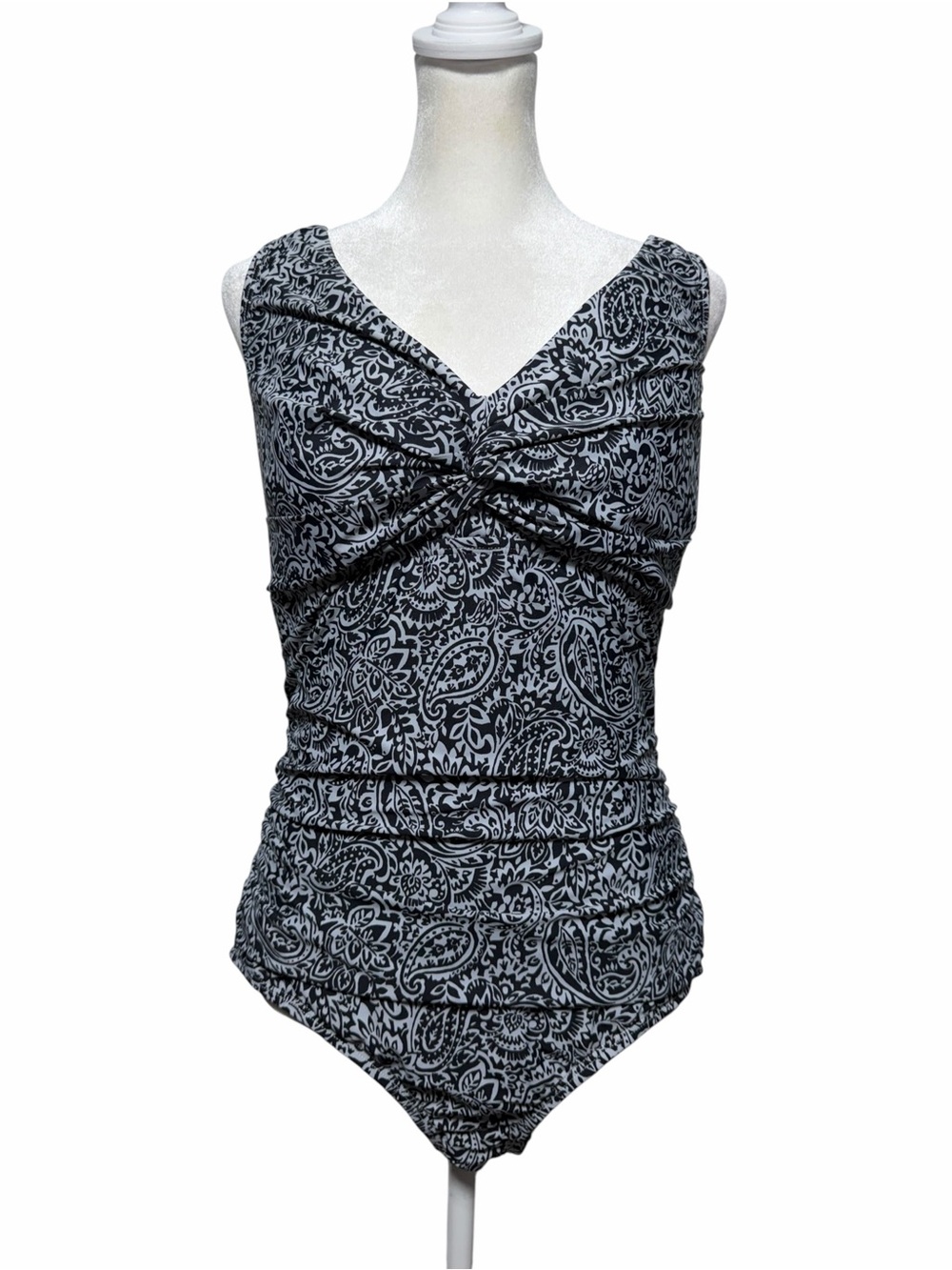 Lands’ End Black White Paisley Twist Front One Piece Swimsuit Size XL